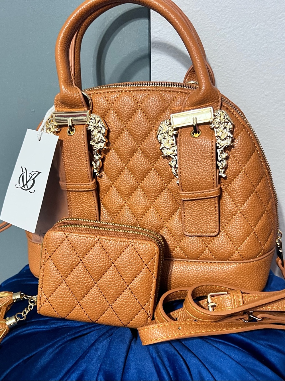 Quilted Tan Women’s Satchel Handbag with Card Wallet